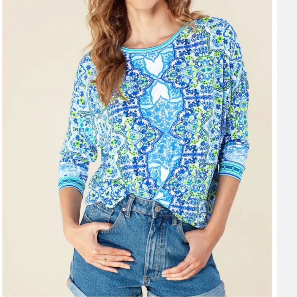 NWOT Hale Bob Maya Jersey Blue and Green Top Large